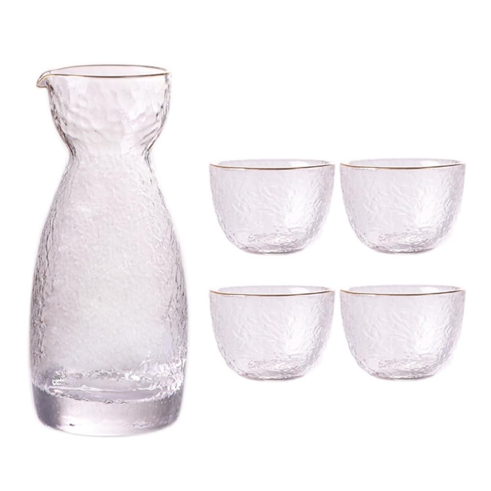 EdirFtra 5-Piece Japanese Glass Sake Set with Gold Rim, Ice Crackle Carafe & 4 Cups