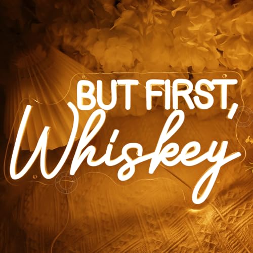 Image of SYLHOME But First Whiskey Led Neon Light Sign Home Bar Home Bedroom Pub Wall Sign Decor Wedding Birthday Christmas Party Backdrop 15.75 inch X 8.82 inch USB