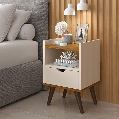 Mesa de Cabeceira Alice Modelo Retrô com Nicho e 1 Gaveta Off White com Freijó