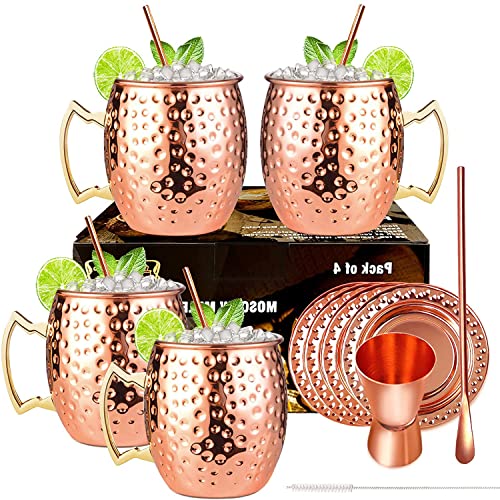 LIVEHITOP Moscow Mule Tasse‌ 4er Set, Kupferbecher Set mit 1 Jigger, 4 Kupfer Untersetzer, 4 Strohhalme, 1Bar Löffel für Trinken, Party, Bar, Geschenk