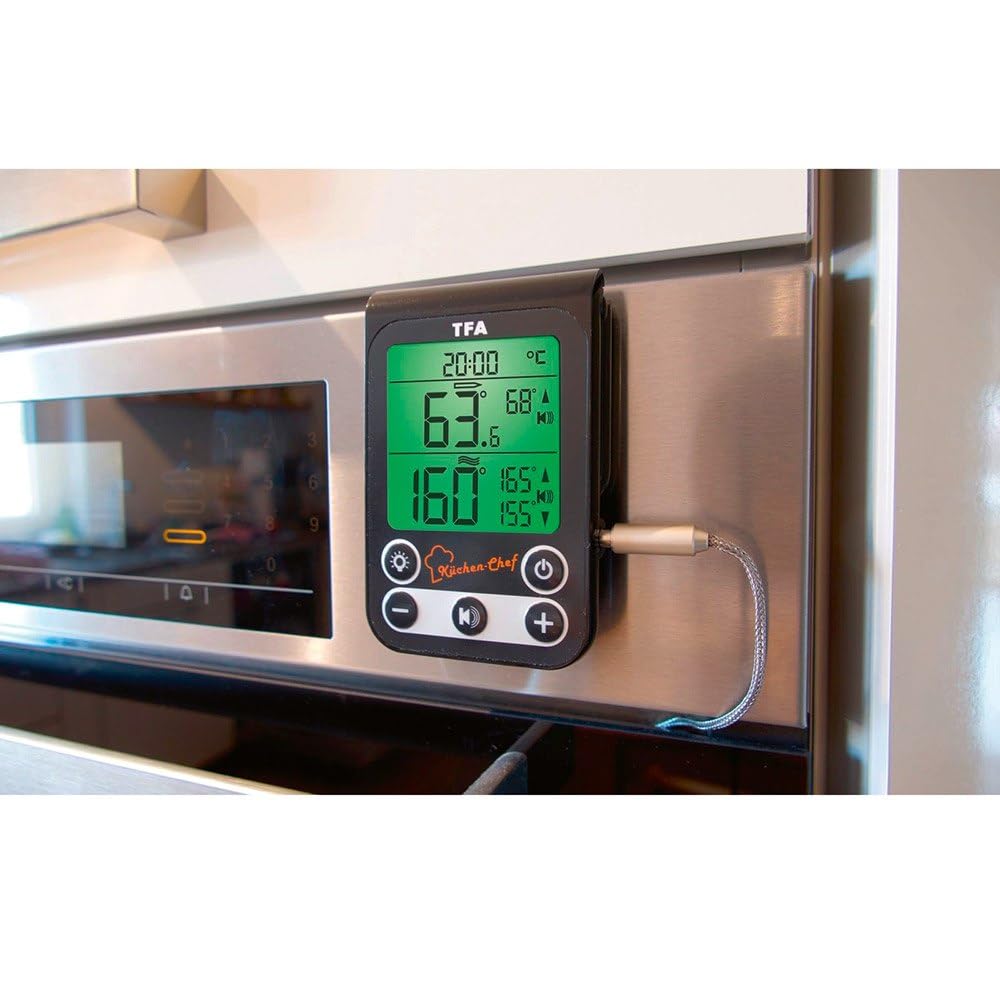 TFA Dostmann Termometro digitale per arrosti e grigliate KüchenChef, 14.1512.01, per forno, sonda in acciaio inossidabile, con allarme, orologio, con magnete/supporto, nero