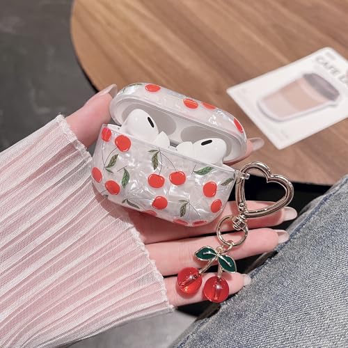 Image of MINSCOSE for AirPods Pro 2nd /1st Generation Case,Cute Glitter Cherry Leaves Pattern Design with Cherry Heart Shaped Keychain,Soft TPU Protective Shockproof Case for Airpods Pro /Pro 2-Red