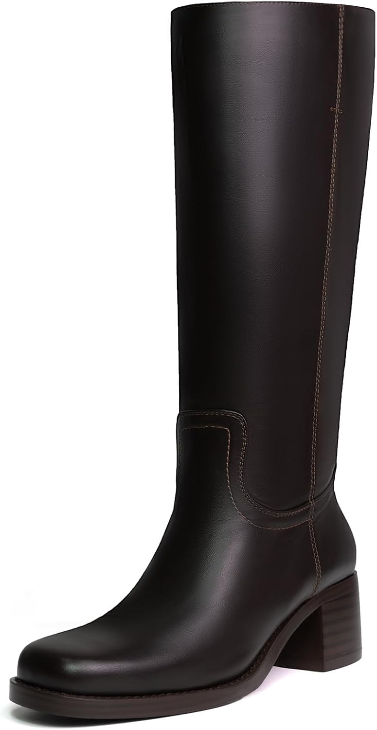 Brown Platform Knee High Boots - Chunky Block Heel