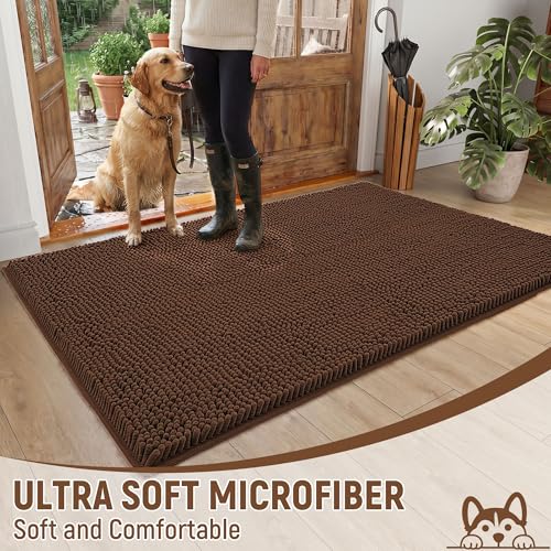 Image of Absorbent Dog Door Mat for Muddy Paws, 48 inch x 36 inch Chenille Indoor Mats for Entryway, Trap Dirt Front Door Mat Indoor Entrance Washable Non Slip Soft Brown