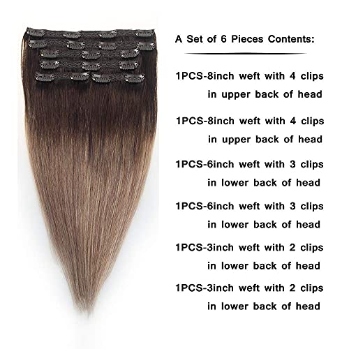 VINBAO Remy Human Hair Clip In Hair Extensions 120g 6 Pieces of Thick Lace Wefts Balayage Dark Brown Fading to Chestnut Brown Double Wefted Hair Extensions(#2/6/18, 18Inch)