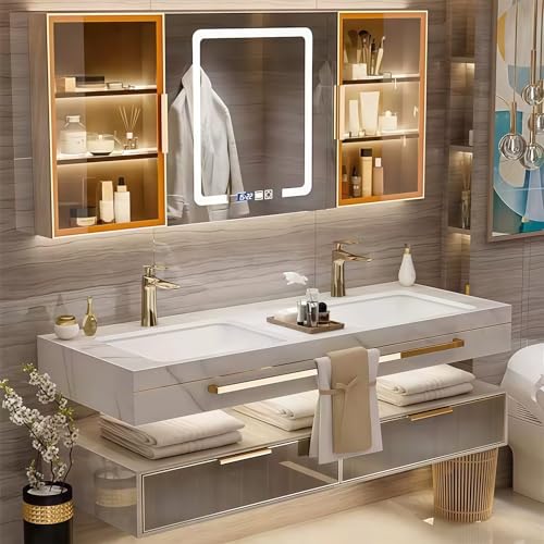 Modern Suspended Vanity with Sink, Wall-Mounted Bathroom Vanity with Quartz Countertop, No Assembly Required, Glass Included | LED Smart Demisting Mirror Cabinet, Sensor Light, Open Storage Shelves