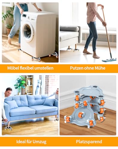 4 Stück Möbel Transportrollen Set & Möbelheber Set für schwere Möbel – 360° drehbare Schwerlastrollen, Möbeltransport Set für Möbelverschiebung und Umzug, bis 400 kg