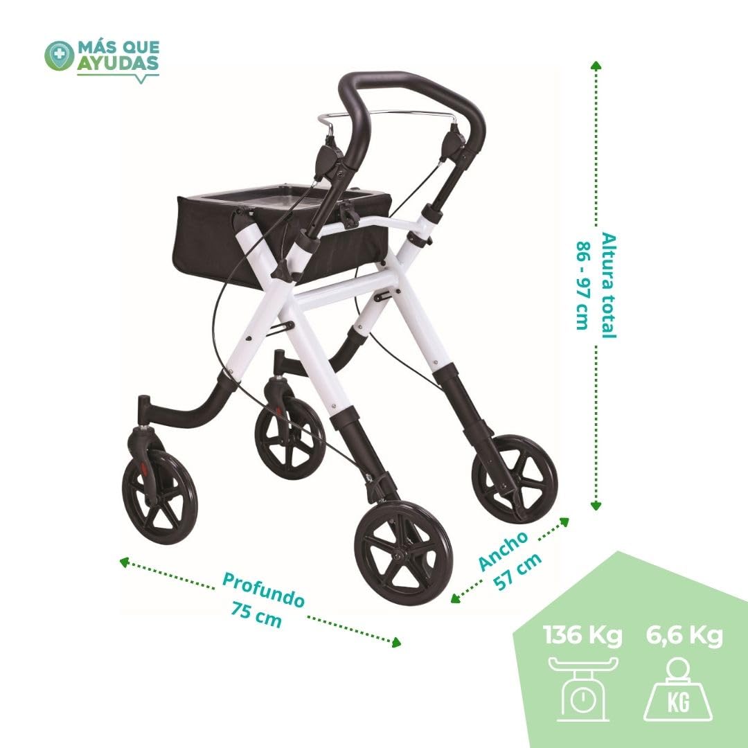 Andador Rollator para minusválidos, ancianos, ligero, plegable, frenos por presión, aluminio con bandeja transparente y bolsa extraíble, ruedas de 20 cm diámetro.