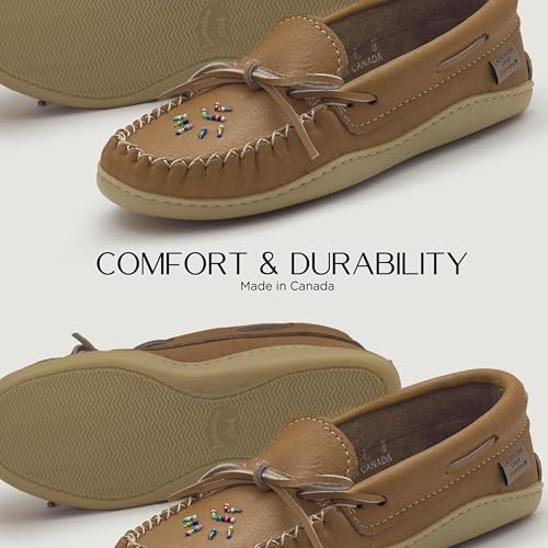 Laurentian Chief Women's Brown Leather Moccasins with 8-Hole Kabir Collar & Natural Rubber Sole, Beaded Womens Leather Moccasins, Comfortable Stylish Indoor & Outdoor Slippers3