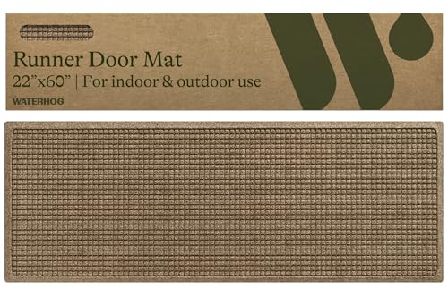 WaterHog Rubber Backed Mat for Indoor/Outdoor - Slip-Resistant Entryway Protection for Front Door Use, Mudroom, Porch, Garage, Easily Washable and Slip-Resistant, Squares Collection, Camel 2' x 5'