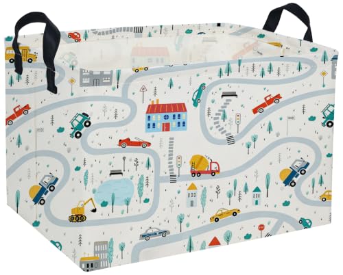 Image of Rectangle Kids Baskets Car Basket Boys Storage Bin Fish Box for Room Decor Gift Basket(Road car)
