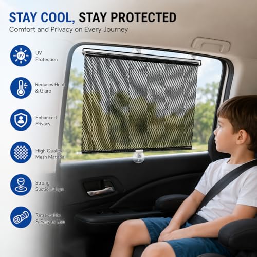 Image of Car Window Sun Shade Roller with UV Protection | Retractable Mesh Car Curtain with Suction Cups for Side Windows and Home Glass | Heat Shield Privacy Cover for Travel