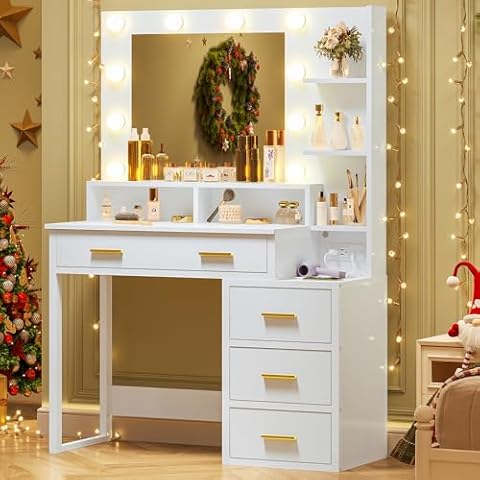 Tiptiper White Makeup Vanity with 10 Light Bulbs, Modern Vanity Desk with Mirror & 3 Lighting Modes, Vanity Table with 2 USB Ports and Outlets, Makeup Desk with Nightstand, Storage Shelves and Drawers Cover