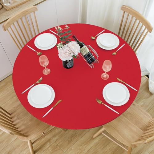 NLMUVW Red Round Fitted Vinyl Tablecloth with Elastic Edge 100% Waterproof Wipe Clean PVC Table Cloth Decorative Table Cover for Indoor and Outdoor, 45