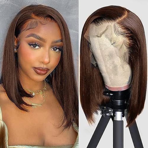 SEXAY Brown Front Bob Wig Human Hair 13x4 HD Lace Front Wig 100% Unprocessed Brazilian Virgin Human Hair #4 Bob Wigs Pre Plucked Natural Hairline with Baby Hair Brown Color Bob for Women(8)
