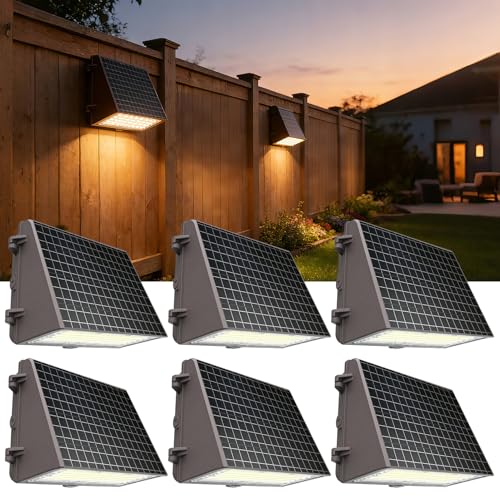 Image of Lightdot 6-Pack Solar Wall Pack Light, 100W HPS Eqv 5000K Dusk-to-Dawn | Motion sensor, IP65 waterproof, 12 inchx11 inch glass solar panel, for porch, fence, garage, warehouse