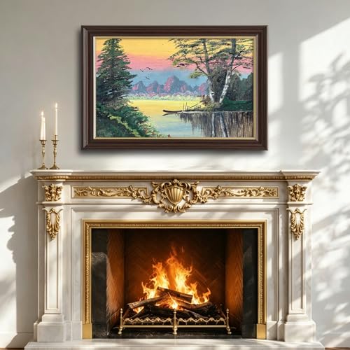 Image of Antique Framed Sunset Lake Canvas Wall Art, Retro Forest Landscape Oil Painting Canvas Prints, Vintage Nature Wall Decor Pictures for Living Room Bedroom Office