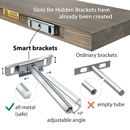 Baobab Workshop Wood Floating Shelves Set Of 2 - Rustic Shelf 24 Inch - Made In Europe - Wide Wooden Wall Shelves For Living Room Bedroom Kitchen Bathroom Farmhouse - Grey Color - 24D X 6.7W #TOP2