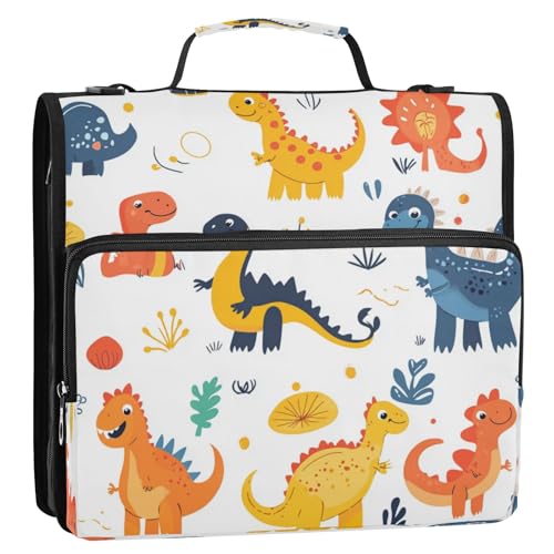 Boccsty Cute Dinosaurs Zipper Binder 3 Ring Binders Expanding File Folder Multi-Pocket Zipper Binder Organizer for School Shoulder Strap and Handle