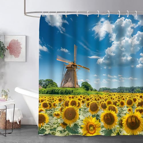 Sunflower-Windmill-Shower-Curtain-with-12-Hooks-72x72-Inch-Washable-Polyester-Fabric-for-Bathroom-Home-Decor-Dutch-Windmill-and-Sunflower-Field-Design-Bath-Curtains-Gifts-for-Adults-Kids Sunflower Windmill Shower Curtain with 12 Hooks 72×72 Inch Washable Polyester Fabric for Bathroom Home Decor Dutch Windmill and Sunflower Field Design Bath Curtains Gifts for Adults Kids