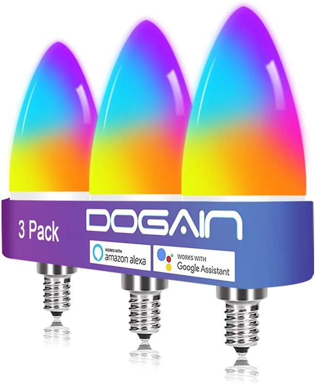 DOGAIN Smart Light Bulbs E12 Base LED Color Light Bulb WiFi-Bluetooth Candelabra Light Bulbs Compatible with Alexa Google Home, APP Color Changing Dimmable, 360 lm 35w Equivalent (2.4 Ghz only) 3 Pack
