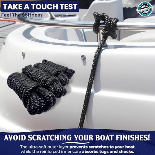 Image of WavesRx Premium Fender Line 3 /8'' x 6' (4 Pack) | Double Braided Nylon Boat Dock Lines and Ropes for Docking Buoys & Fenders | Marine Dock Ropes for Boats, Pontoons | Boat Ropes for Docking with Loop