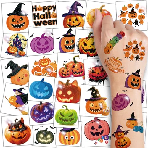 CHARLENT Glitter Halloween Pumpkin Temporary Tattoos for Kids