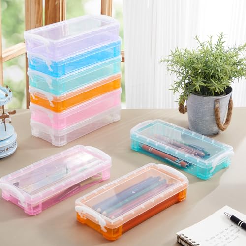 Image of Gueevin 24 Pcs Large Capacity Plastic Pencil Box Clear Plastic Pencil Case Crayon Box with Snap Tight Lid Watercolor Pen Storage Brush Organizer Drawing Tools Container (Macaron)