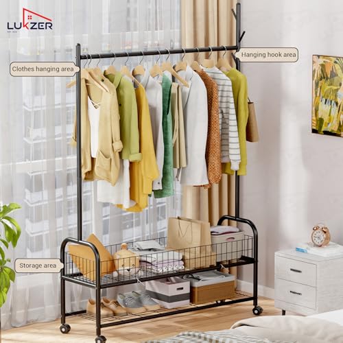 Image of Lukzer | MGR-004 | Black | Metal Cloth Stand & Garment Organizer with Wheels, 2 Bottom Shelves & Mesh Base - Freestanding Coat Rack for Bedroom, Laundry, Office & More | 173 x 110 x 35 cm