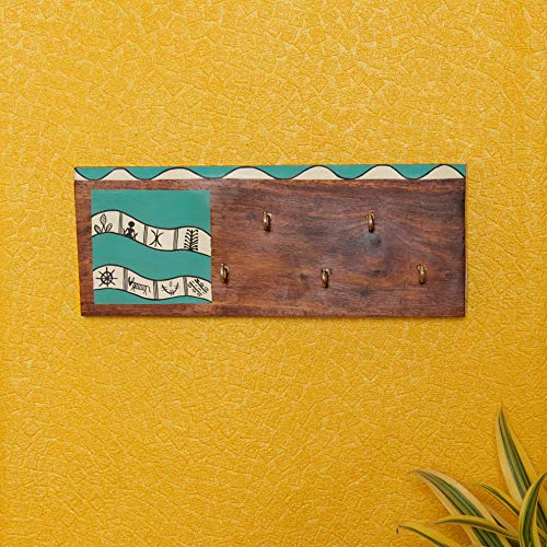 Image of ARTYSTA BEAUTIFYING LIVES 'Warli Motif' Aqua Blue Wooden Key Holder For Wall Stylish Decorative Keychain Holder Key Hanger For Home Decor (5 Hooks)