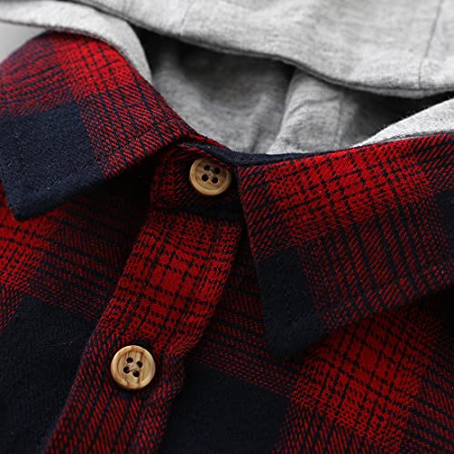 Momoland Little Boys Long Sleeve Button Down Plaid Flannel Shirts With Hood (6 Years, Red Deep Navy) #TOP2