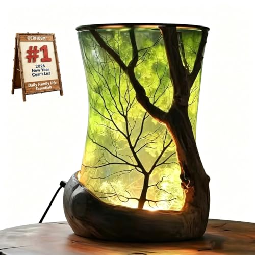 OERHQSM Enchanted Forest Lamp Nature Inspired Vintage Lantern Table Ambient Shadow Night Light Cozy Living Lighting Leaf Cylinder Shaped Desk LED Lamps Decorative Decor Gift for Bedroom Home