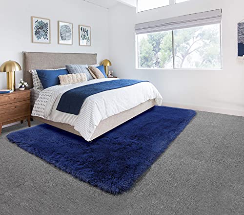 Navy Blue Area Rug For Bedroom,4'X6',Fluffy Shag Rug For Living Room,Furry Carpet For Kids Room,Shaggy Throw Rug For Nursery Room,Fuzzy Plush Rug,Indigo Carpet,Rectangle,Cute Room Decor For Baby #TOP2
