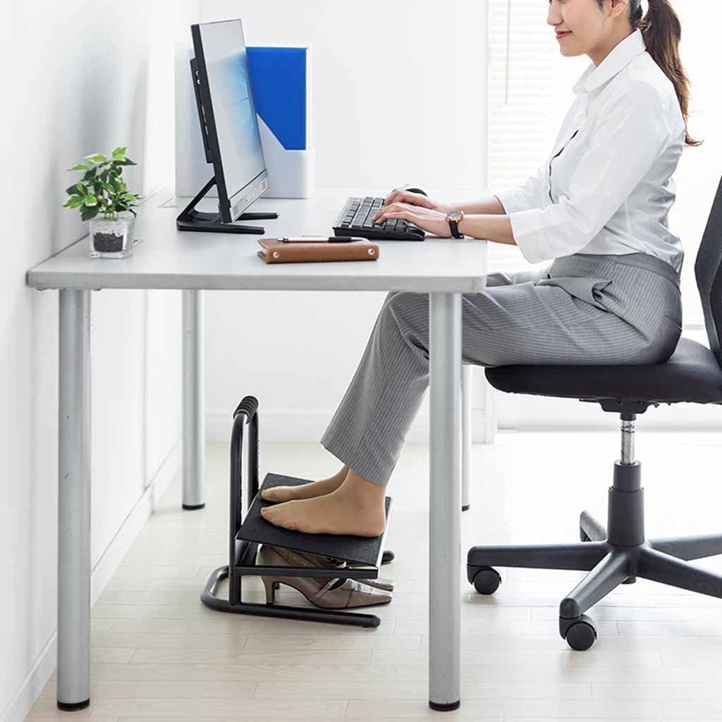 Reposapiés de pie, taburete ajustable de acero negro, con asa, seis ajustes de altura, para trabajo, escritorio, hogar y oficina