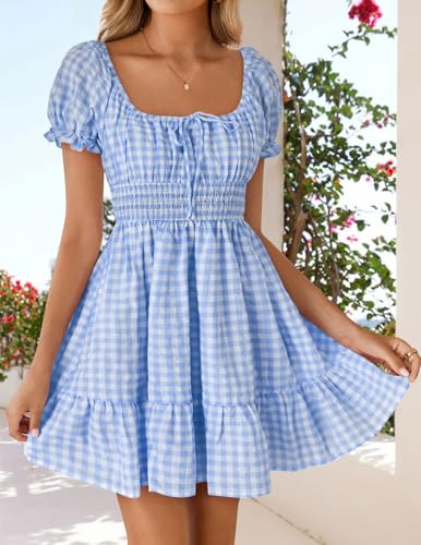 Women's 2025 Summer Puff Short Sleeve Plaid Mini Dress Boho Square Neck Ruffle A Line Swing Short Dresses3