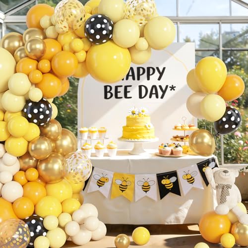 Image of Amandir 153pcs Bee Balloon Arch Garland Kit Different Sizes | 18 12 10 5 inch Mustard Pastel Yellow Gold Confetti Balloons for What Will It Bee Sunflower Honey Birthday Party Decorations
