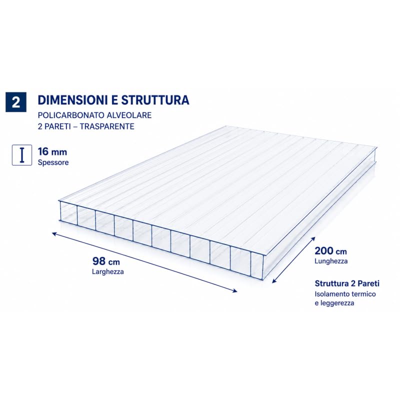Policarbonato Alveolare 16 mm 200x98 cm Trasparente 2 Pezzi