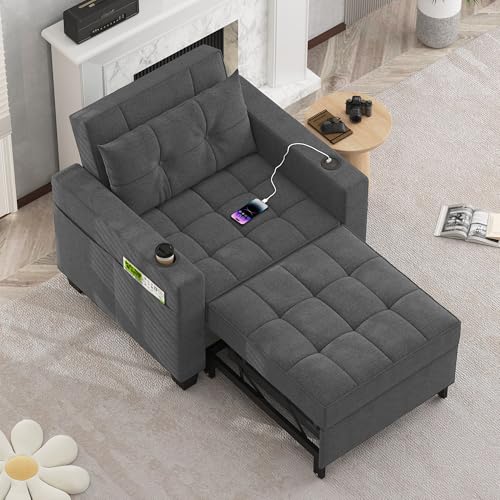 DURASPACE Fauteuil Convertible 1 Place, Fauteuil-lit 3 en 1, Canapé-lit Fauteuil de Lecture avec Rangement, Port USB et Porte-gobelet (Gris FONCÉ)