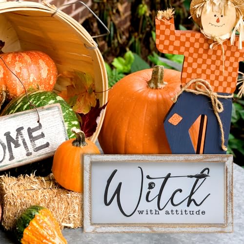 Image of Embossed Witch Sign, Farmhouse Halloween Decorations Indoor, Vintage Halloween Tiered Tray Decor, Funny Spooky Halloween Centerpieces for Table Cubicle Desk Mantel Fireplace