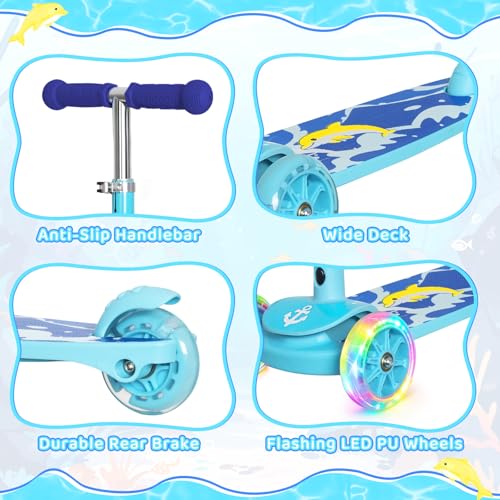 Nattork Ocean 3-Wheel Toddler Scooter for Kids Boys Girls – Adjustable Height Kick Scooter with Light-Up Wheels, Anti-Slip Deck, Lean-to-Steer Design for Ages 2-8 Blue by Nattork - Image 2