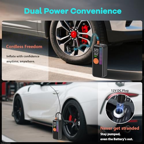 Image of Portable Tire Inflator Air Compressor, 150 PSI Cordless Air Pump, 6000mAh Battery & 12V Car Outlet, Digital Pressure Gauge, Auto Shut-Off, Fast 24L /Min, LED Light, 4 Preset Modes for Car, Bike, Balls