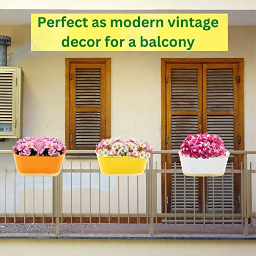 ecofynd 12 Inches Oval Balcony Railing Planter, Hanging Flower Pots for Apartments, Rectangular Grill Pots for Plants, Pack of 6 (White)