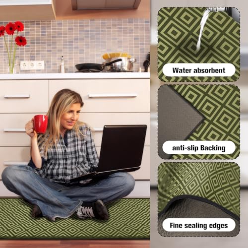 Kitchen Rug 2 Piece Set,Non-Slip Absorbent and Washable Runner Rug,Geometric Kitchen Floor Mat for Kitchen, Home, Office, Sink, Laundry (B-Green, 43x150cm+43x75cm) - Image 4