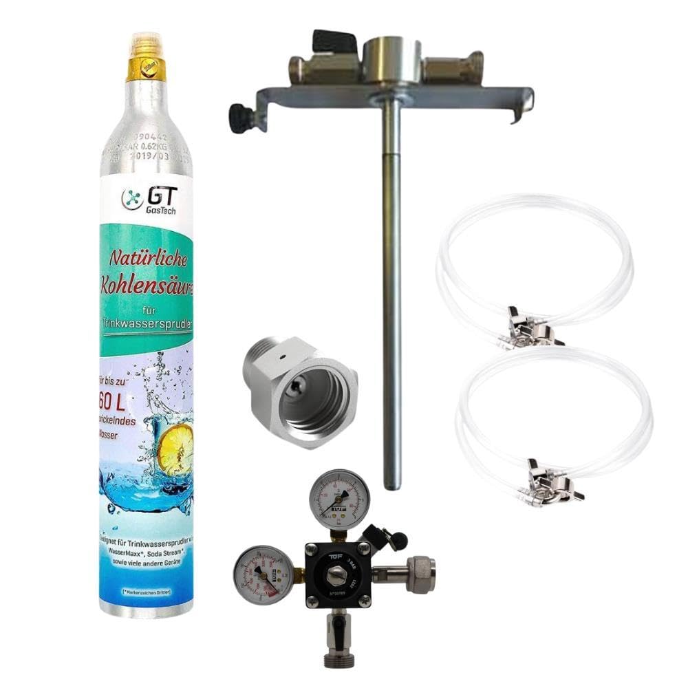 GDW Zubehörset für 5l Dosen Partyfass mit 5l Dosenadapter, 425g Soda-Flasche Co2, Bierschlauch, Co² Schlauch, Druckminderer mit Füllstandsanzeige