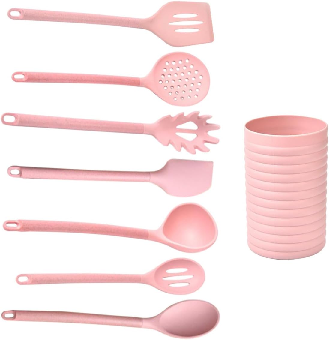 Luxshiny Silicone Kitchenware Utensil Set 8pcs with Wooden Handles, Pink Food-grade Silicone Cooking Tools for Household Kitchen Use with Storage Bucket