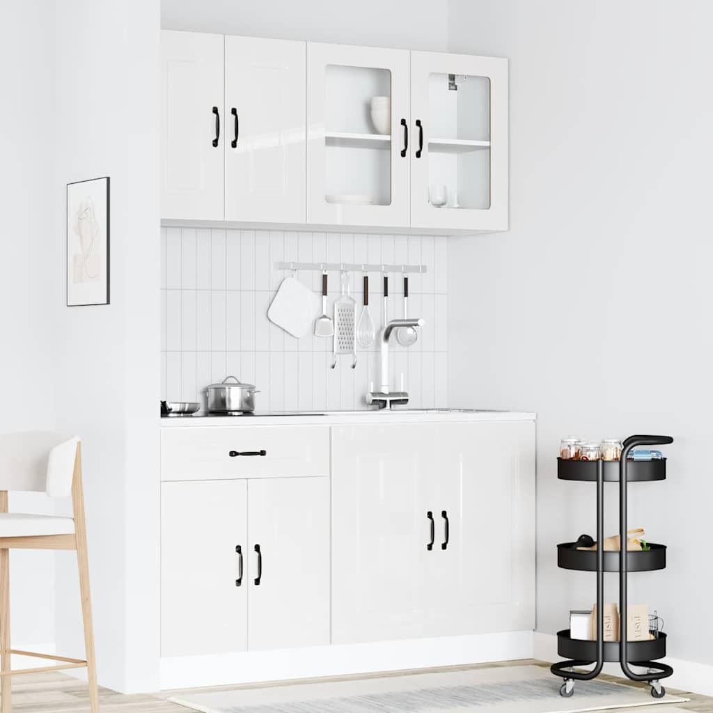 Kalmar - Set di mobili da cucina in legno bianco lucido, 4 pezzi, con vano portaoggetti, pensili, vetrine per cucina, dispensa, sala da pranzo, piano di lavoro, microonde, credenza