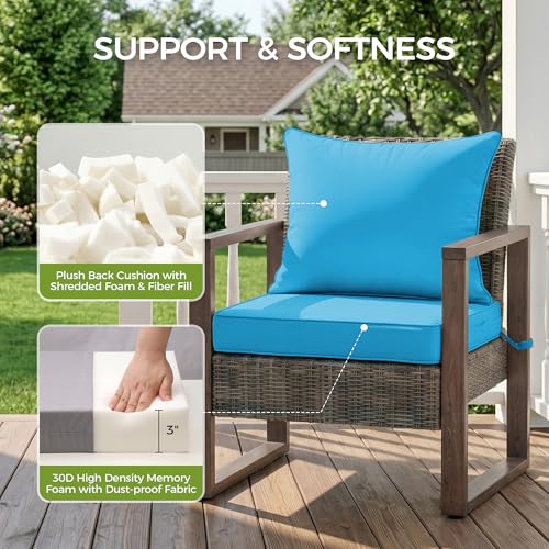Image of UNIKOME 22 inchx22 inchx3 inch Outdoor Chair Cushions Set - Waterproof Patio Cushions for Outdoor Furniture with Removable Cover, Ties & Handle, Deep Seat Patio Cushions for Sofa Couch - Light Blue