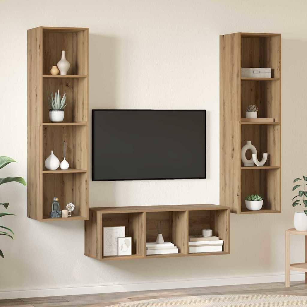 Zestaw szafek pod telewizor montowana na ścianie, 3-częściowy dąb Artisan, materiał drewnopochodny z 11 półkami, nowoczesna szafka pod telewizor do salonu, sypialni