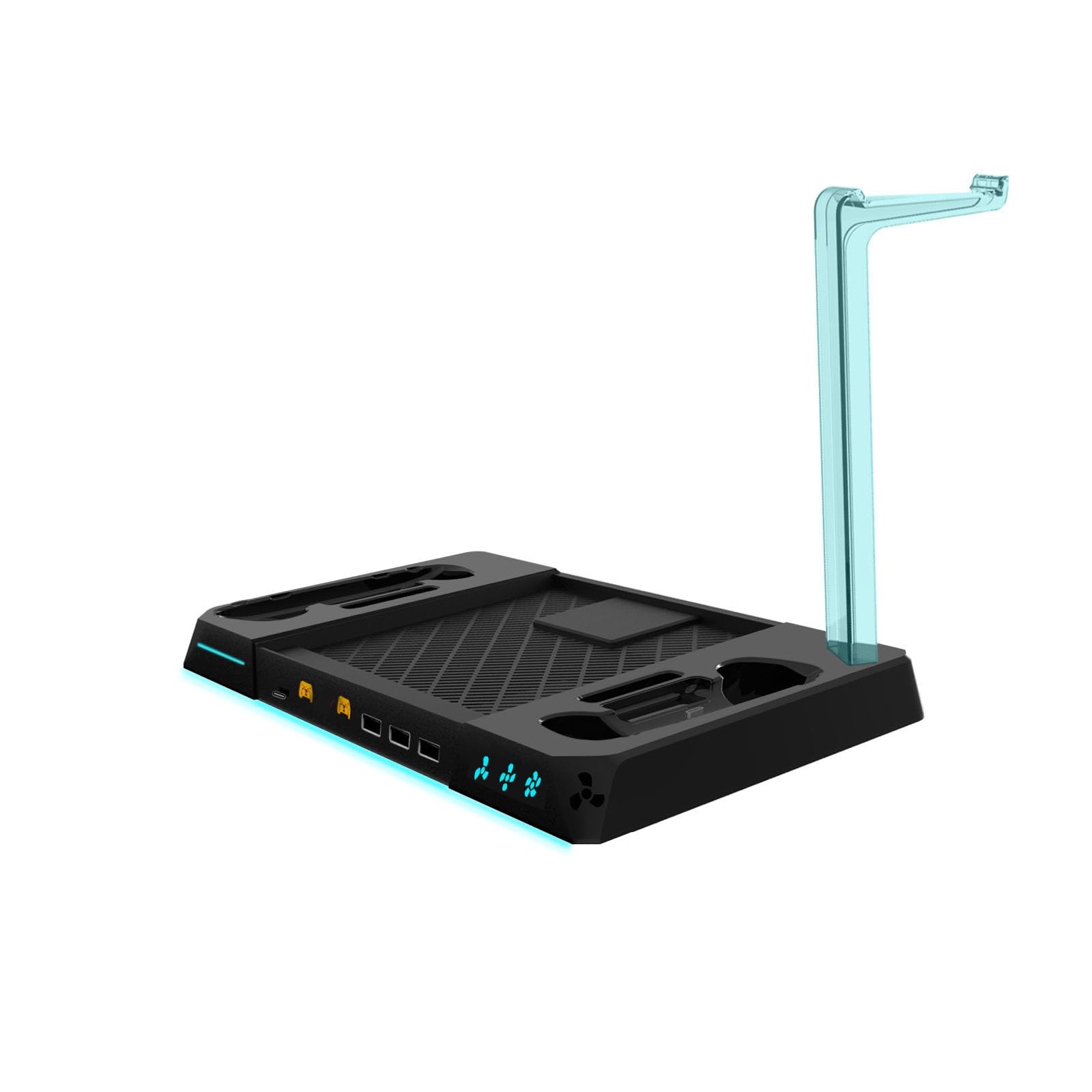 Base de carga para máquina de vapor con ventilador de refrigeración de 3 velocidades, luces RGB, 2 cargadores de controlador, hub USB, soporte para auriculares