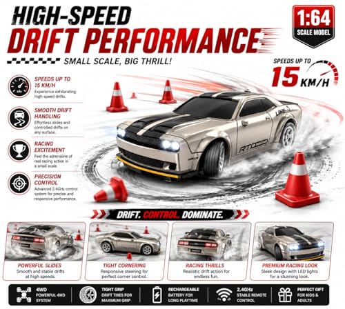 Image of Remote Control Sports Car & Off-Road SUV Toy for Kids, High Speed RC Racing with Wireless Remote, Realistic Lights & Premium Design Gift for Boys Girls (1:64 LD-RTR)